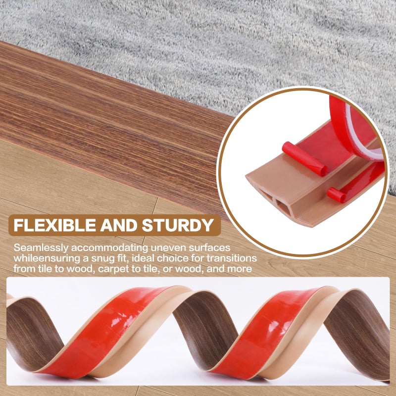 DBHXXMB-HH Floor Transition Strip Vinyl Door Threshold Ramp Self Adhesive Carpet Edging Strip Doorway Edge Trim, Overlap Edge Reducer for Laminate Carpet, Floor, Tile (Brown Wood Grain, 1/5"" to 2/5"", 6.6Ft) - Image 4